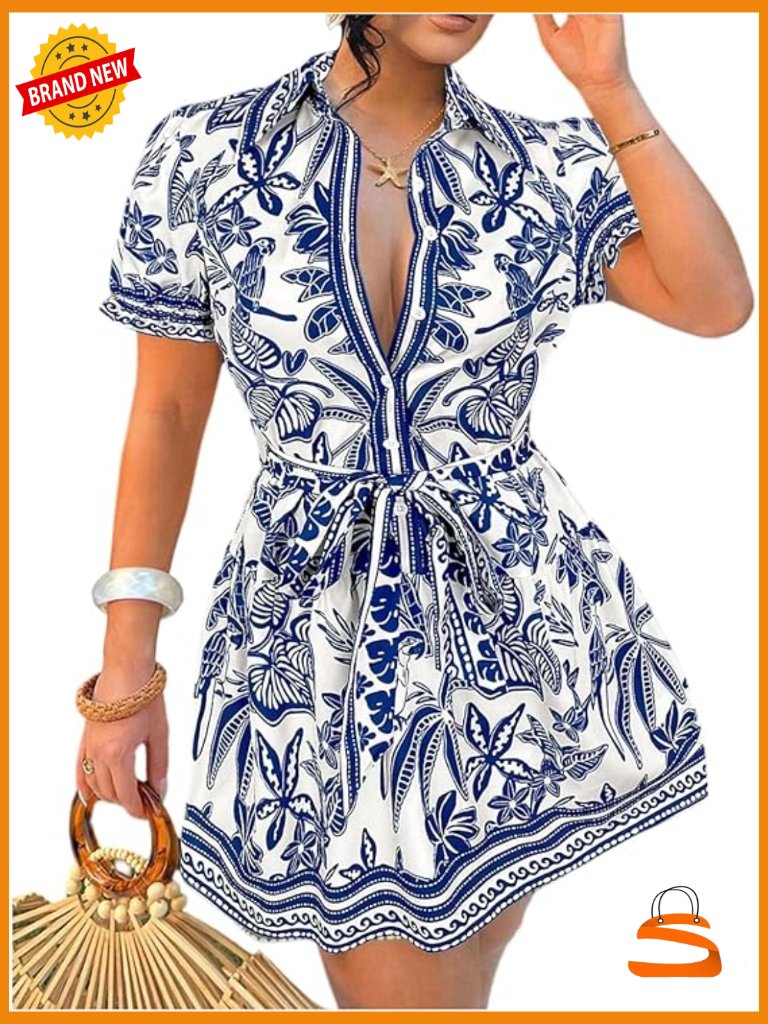 Boho Puff Sleeve Shirt Dress Collared Button Down A Line Mini With Belt